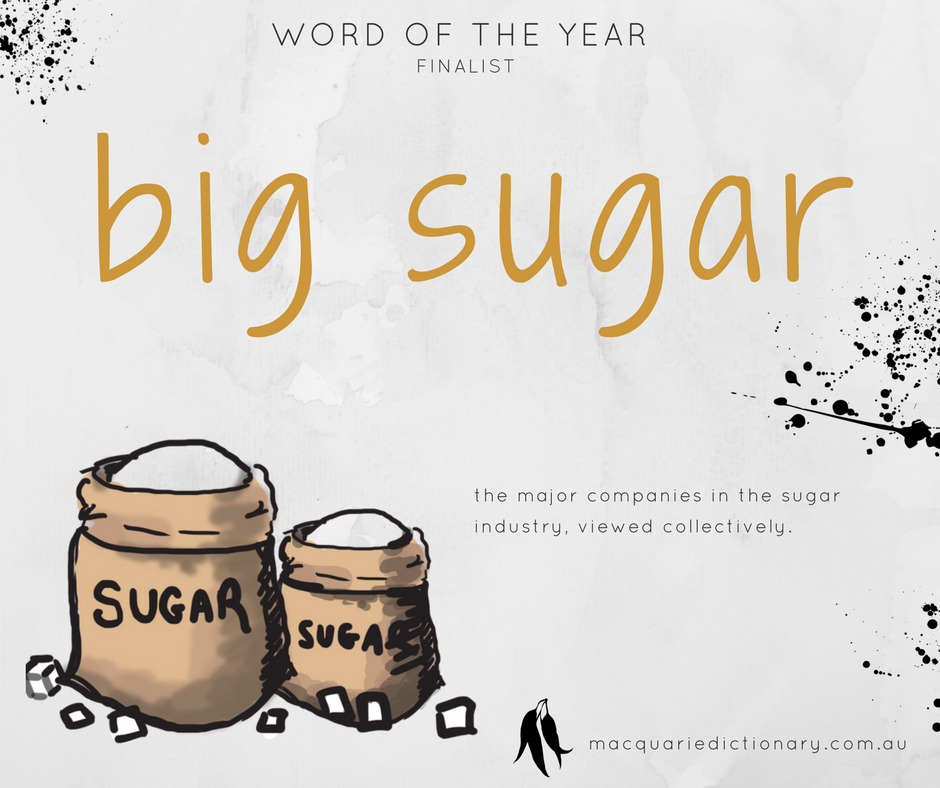 Macquarie Dictionary Word of the Year 2017 - big sugar - the major companies in the sugar industry, viewed collectively. Macquarie Dictionary Word of the Year 2017 - big sugar - the major companies in the sugar industry, viewed collectively.